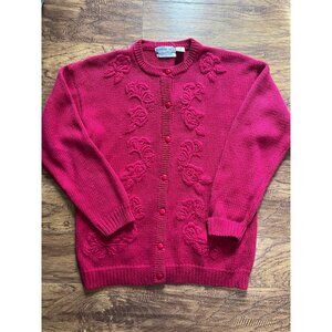 Vintage 1990s Northern Isles Red Floral Hand Embroidered Chunky Cardigan M